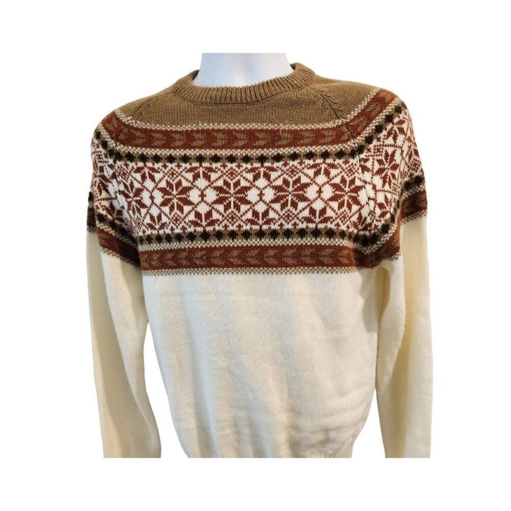 Vintage 70s Fauchon Beige Brown Nordic Fair Ski Jumper Sweater Size M